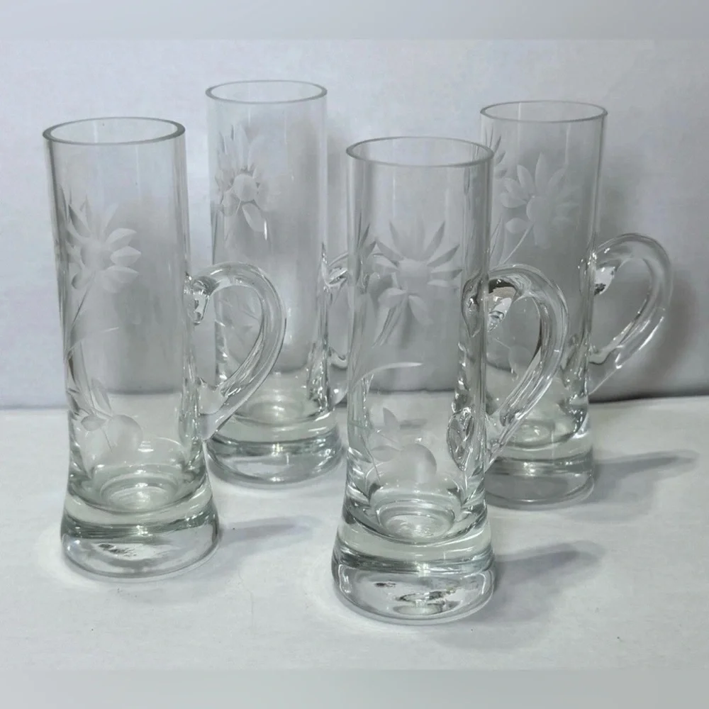 Vintage Etched Floral Hand Blown Shot Cordial Glasses Handles Set of 4, 4" Tall - Picture 6 of 9